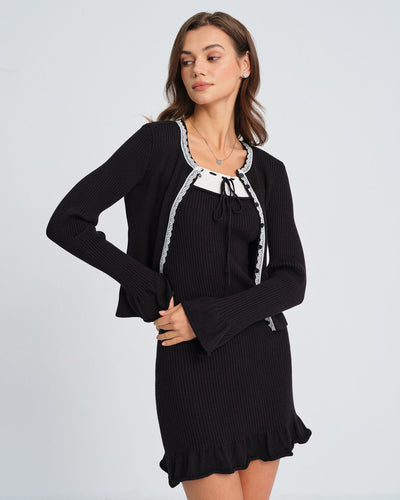 Black Contrasting Bell Sleeve Knit Cardigan