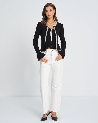 Black Contrasting Bell Sleeve Knit Cardigan
