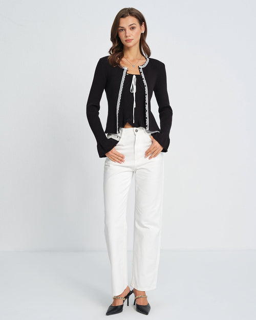 Black Contrasting Bell Sleeve Knit Cardigan