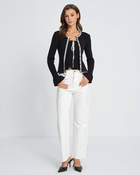 Black Contrasting Bell Sleeve Knit Cardigan