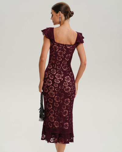 Wine Red Floral Mermaid Midi Dress