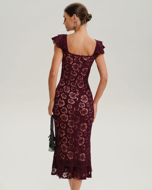 Wine Red Floral Mermaid Midi Dress