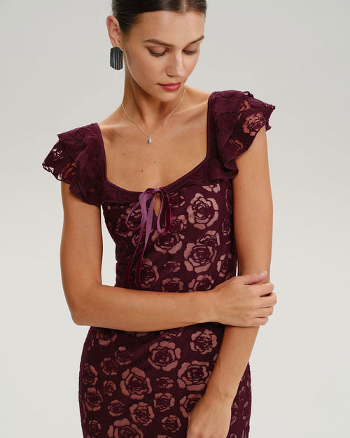 Wine Red Floral Mermaid Midi Dress
