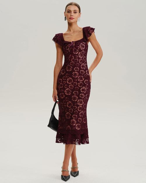 Wine Red Floral Mermaid Midi Dress