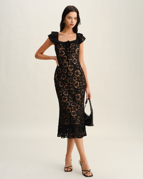 Black Textured Ruffle Mermaid Midi Dress