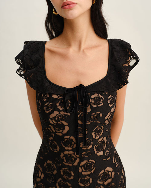 Black Textured Ruffle Mermaid Midi Dress