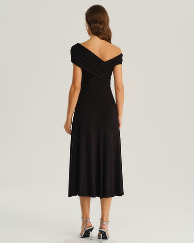 Black One Shoulder A-Line Midi Dress
