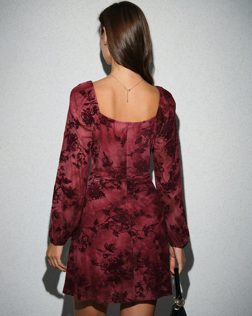Wine Red Cowl Neck Floral Mini Dress