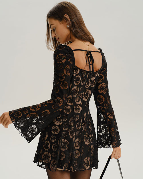 Black See Through Bell Sleeve Mini Dress