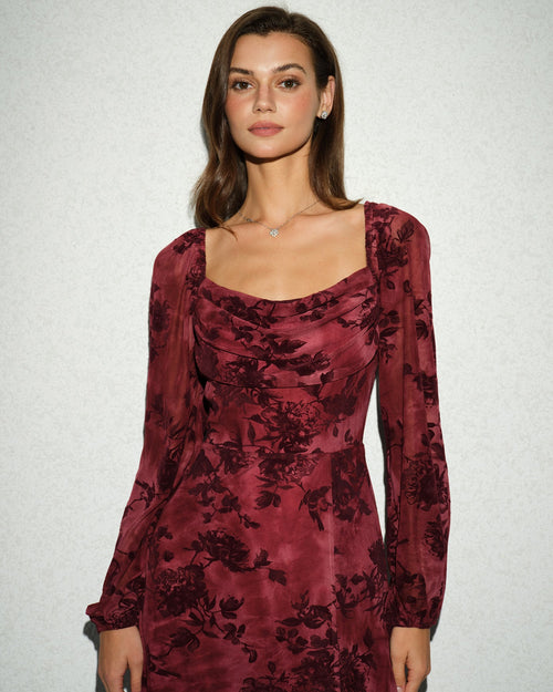 Wine Red Cowl Neck Floral Mini Dress