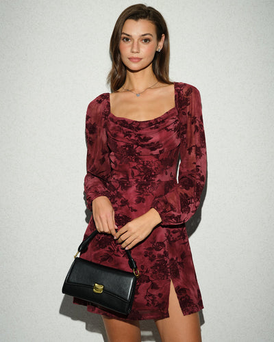 Wine Red Cowl Neck Floral Mini Dress