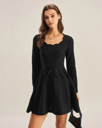 Black Scalloped A-Line Sweater Dress