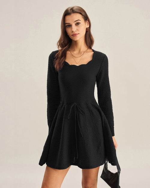 Black Scalloped A-Line Sweater Dress