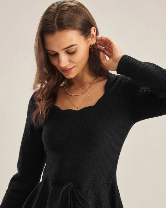 Black Scalloped A-Line Sweater Dress