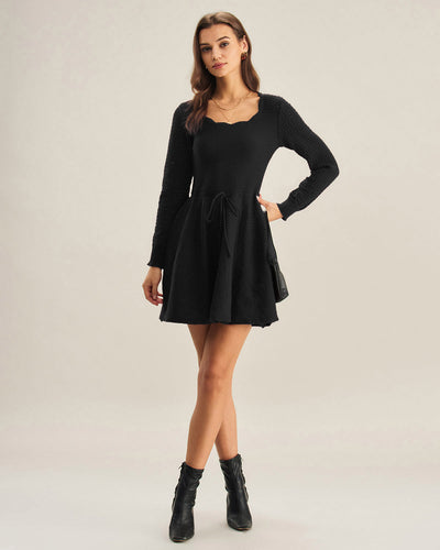 Black Scalloped A-Line Sweater Dress