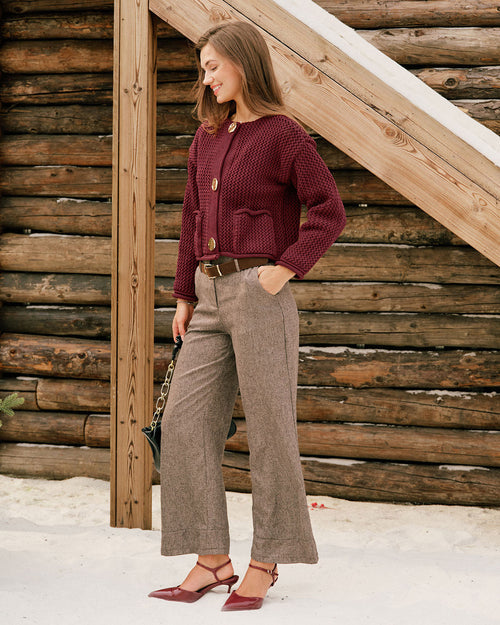 Wine Red Single Breasted Casual Knit Cardigan