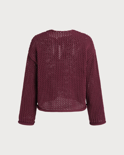 Wine Red Single Breasted Casual Knit Cardigan