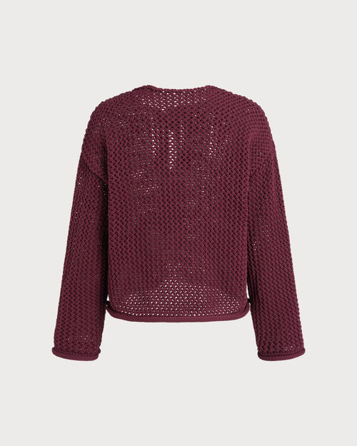 Wine Red Single Breasted Casual Knit Cardigan