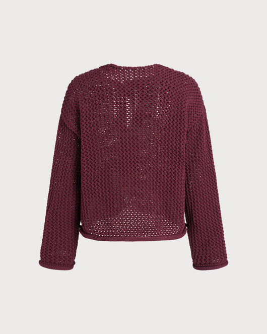 Wine Red Single Breasted Casual Knit Cardigan