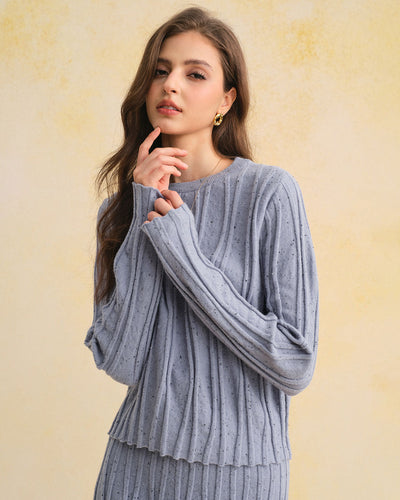 Blue Textured Round Neck Sweater