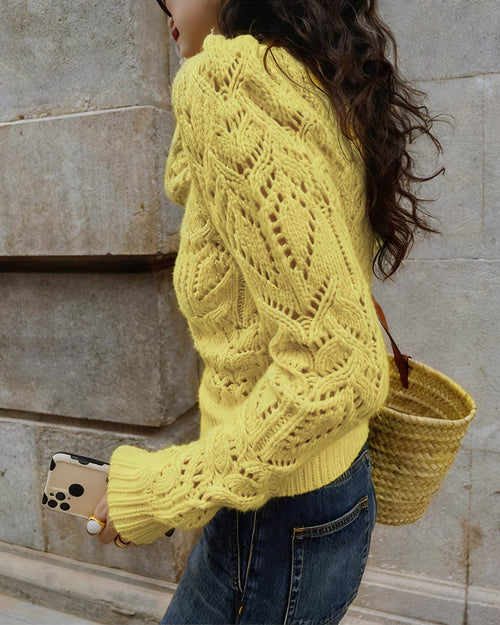 Yellow Round Neck Cut Out Sweater