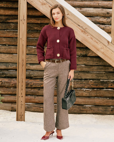 Wine Red Single Breasted Casual Knit Cardigan