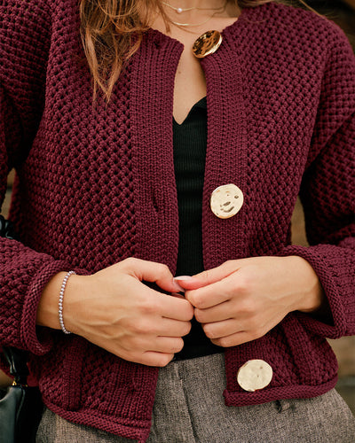 Wine Red Single Breasted Casual Knit Cardigan
