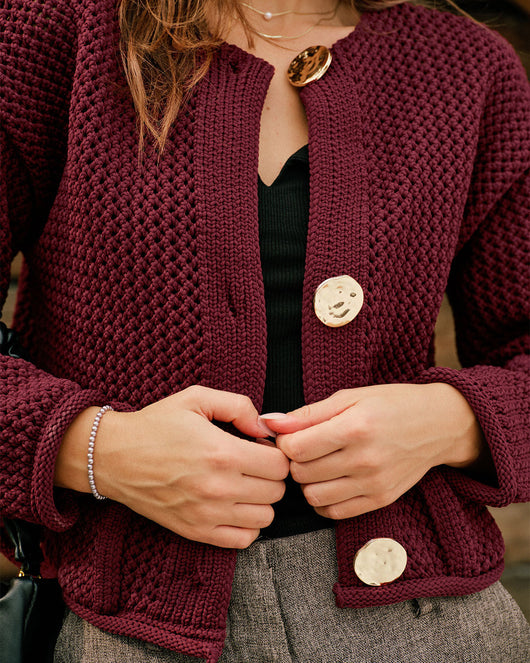 Wine Red Single Breasted Casual Knit Cardigan