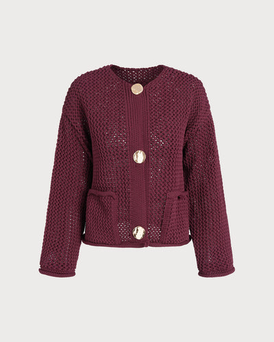 Wine Red Single Breasted Casual Knit Cardigan