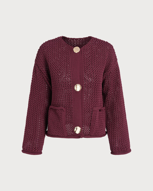 Wine Red Single Breasted Casual Knit Cardigan