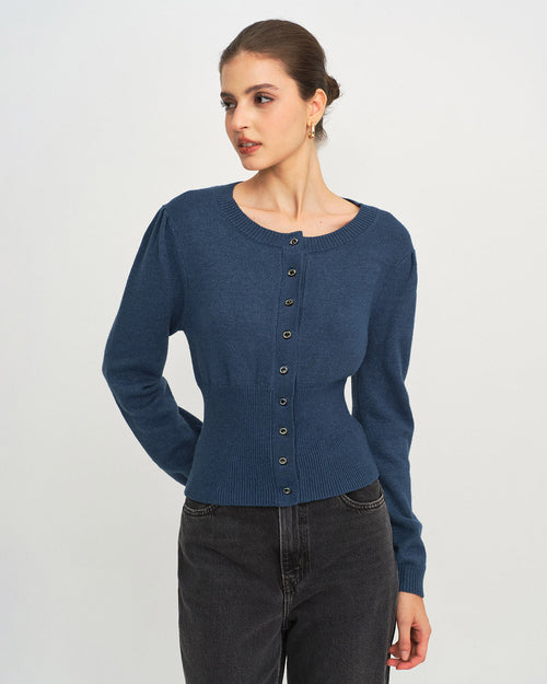 Blue Round Neck Slim Knit Cardigan