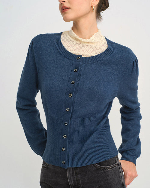 Blue Round Neck Slim Knit Cardigan