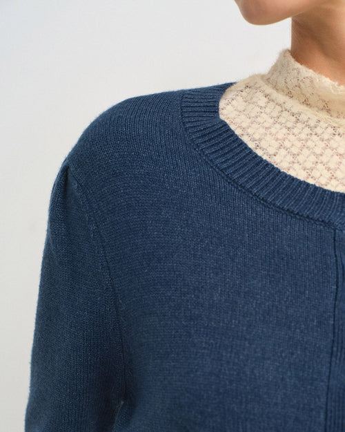 Blue Round Neck Slim Knit Cardigan