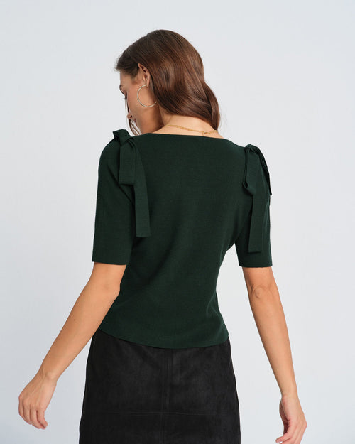 Green Square Neck Bowknot Knit Cardigan