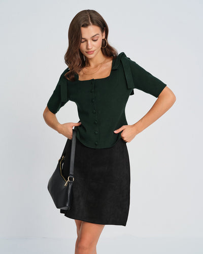 Green Square Neck Bowknot Knit Cardigan