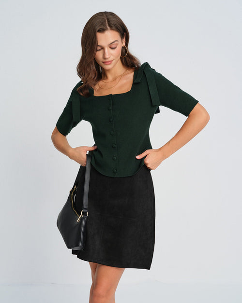 Green Square Neck Bowknot Knit Cardigan