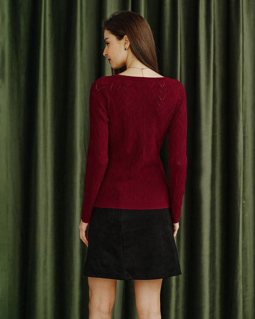 Wine Red V Neck Viscose Knit Cardigan