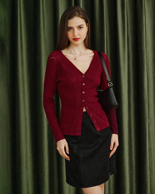 Wine Red V Neck Viscose Knit Cardigan