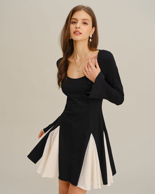 Black Contrasting Bell Sleeve Mini Dress
