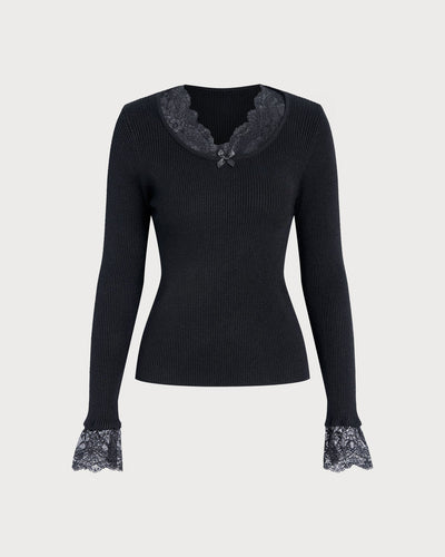 Black V Neck Lace Sweater