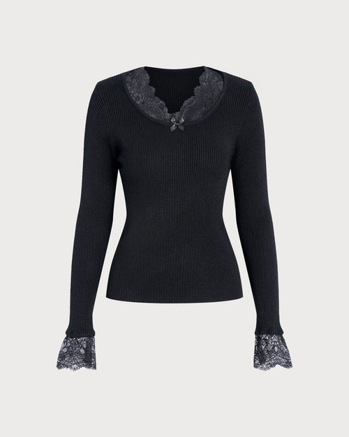 Black V Neck Lace Sweater