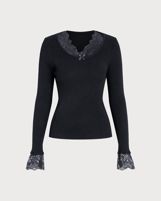Black V Neck Lace Sweater