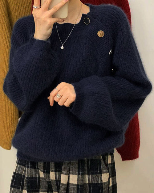 Blue Round Neck Loose Casual Sweater