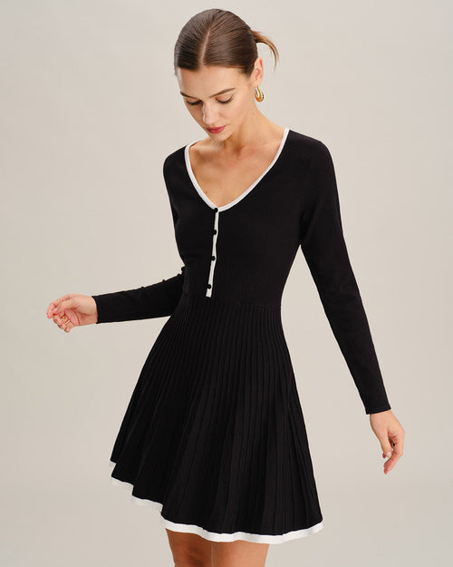 Black Contrasting V Neck Button Sweater Dress