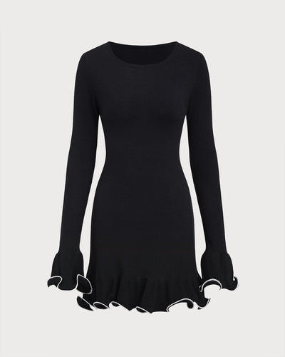 Black Contrasting Bell Sleeve Knit Sweater Dress