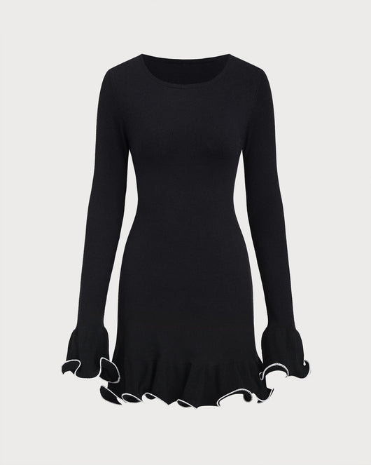 Black Contrasting Bell Sleeve Knit Sweater Dress