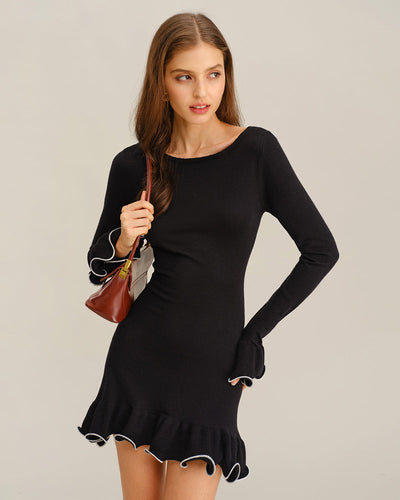 Black Contrasting Bell Sleeve Knit Sweater Dress