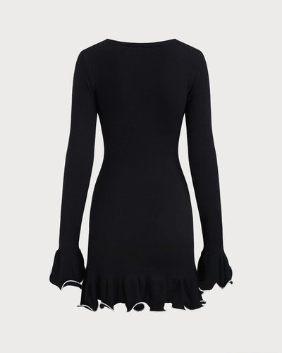 Black Contrasting Bell Sleeve Knit Sweater Dress