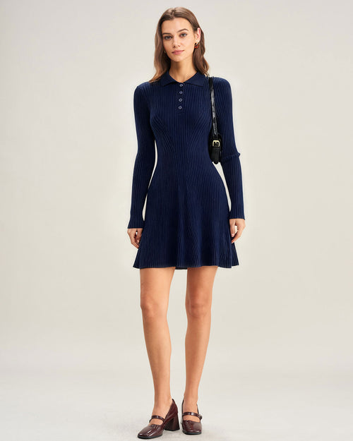 Navy A-Line Button Sweater Dress