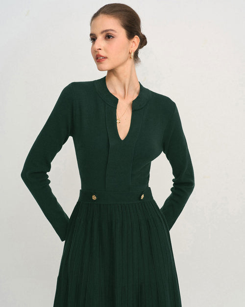 Green Round Neck A-Line Sweater Dress